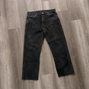 wrangler black denim raw hem straight jeans